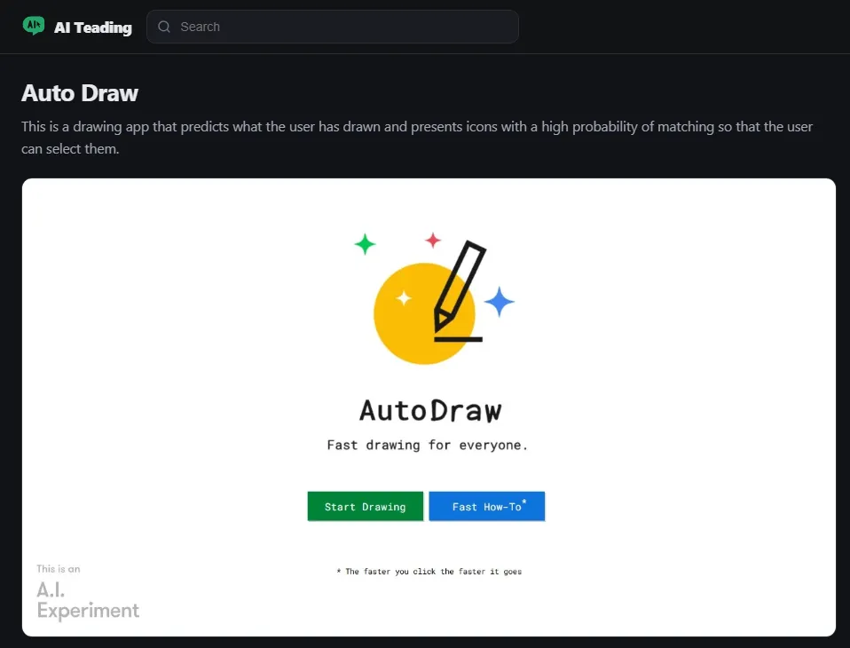 AI Teading in English: the AutoDraw resource page, with a short description and a preview