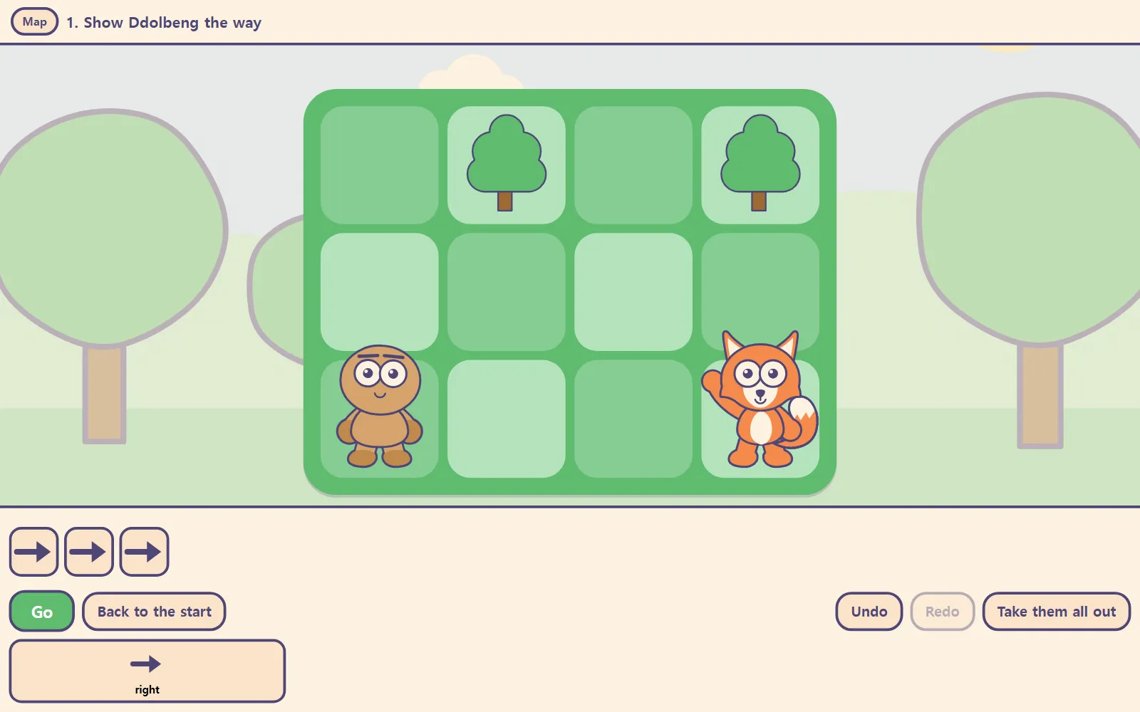 Three right cards in the row, one for each square