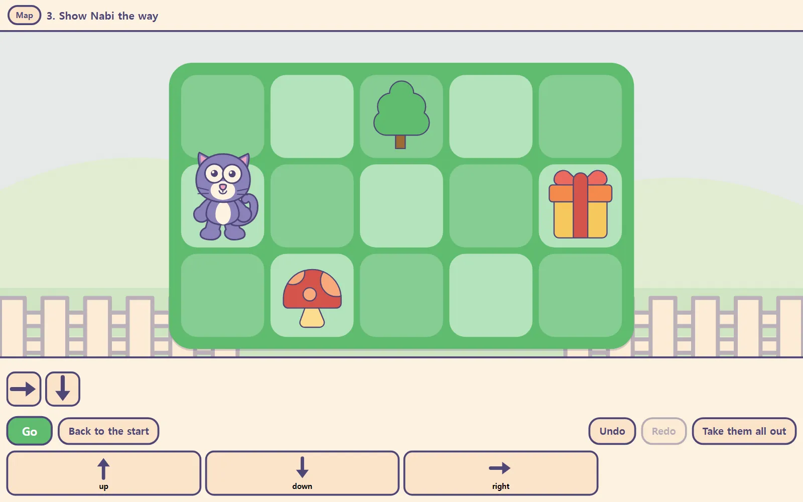 Board 3 with Nabi on the left, a gift on the right, a tree and a mushroom, and two cards laid out: right, then down
