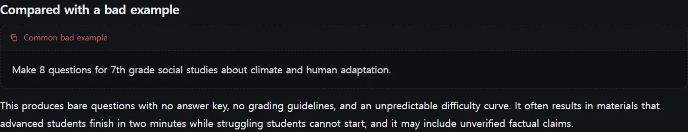 The Compared with a bad example section, showing a one-line prompt and what goes wrong with it