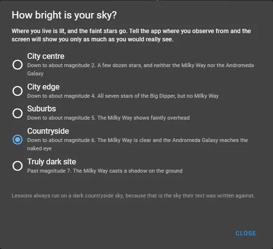 The Sky Brightness panel: five kinds of place, from city centre to a truly dark site