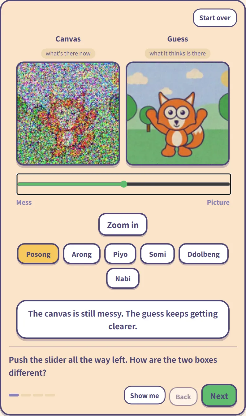 Chapter 7 hands-on: the slider is halfway, and the Guess box already looks like a picture while the Canvas box is still messy