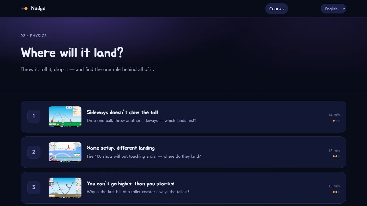The course "Where will it land?": its lessons listed in order, each with the time it takes