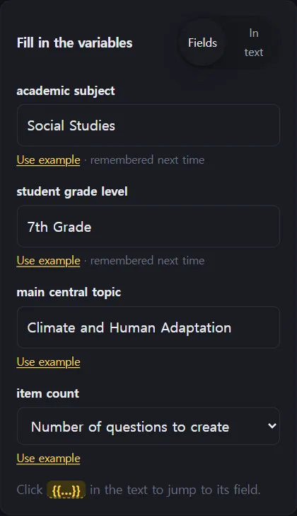 The Fill in the variables panel on the right, with fields for the subject, grade level, topic and question count