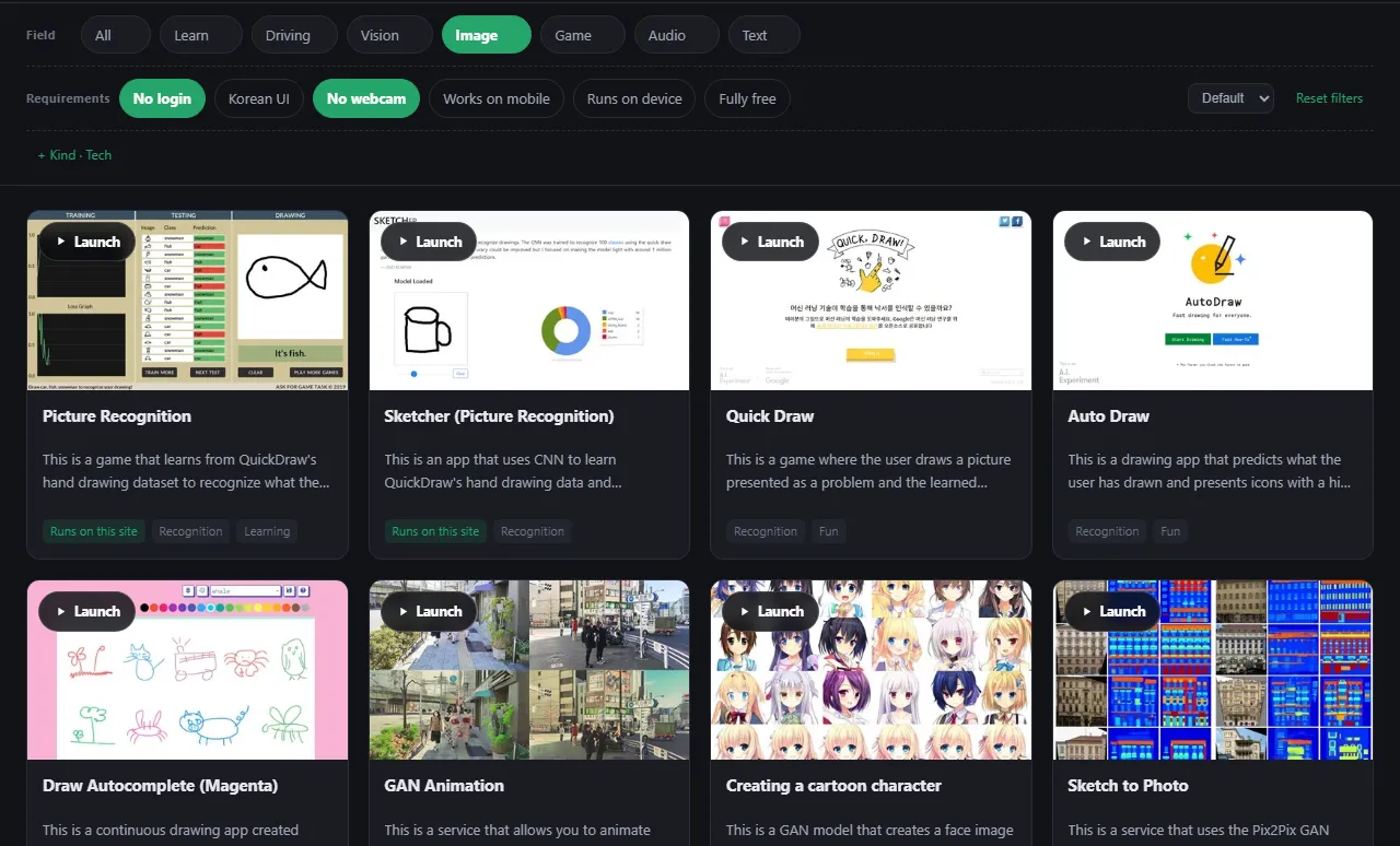 The results after choosing No login, No webcam and Image: cards with a Launch button each