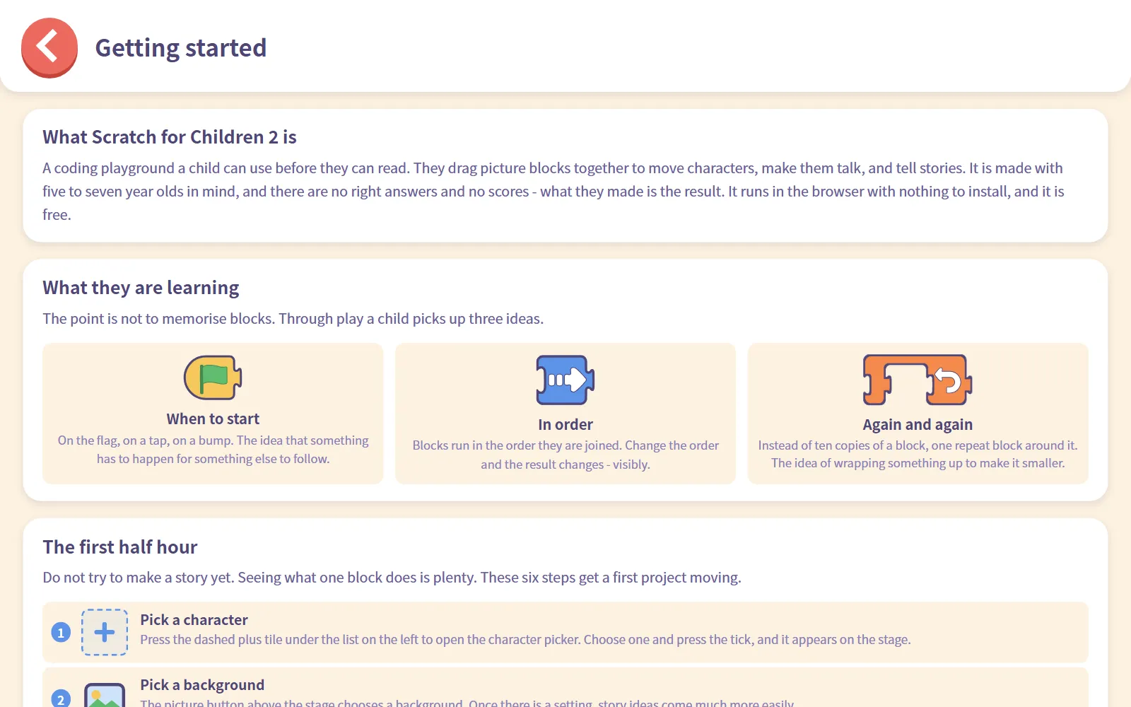 The grown-ups' Getting started page: what Scratch for Children 2 is, what children are learning, and the first half hour