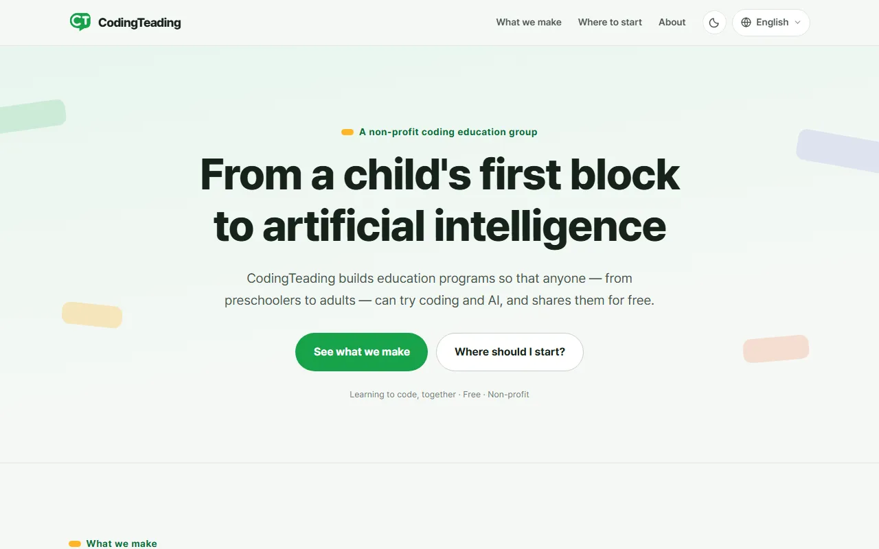 The CodingTeading homepage in English: "From a child's first block to artificial intelligence"