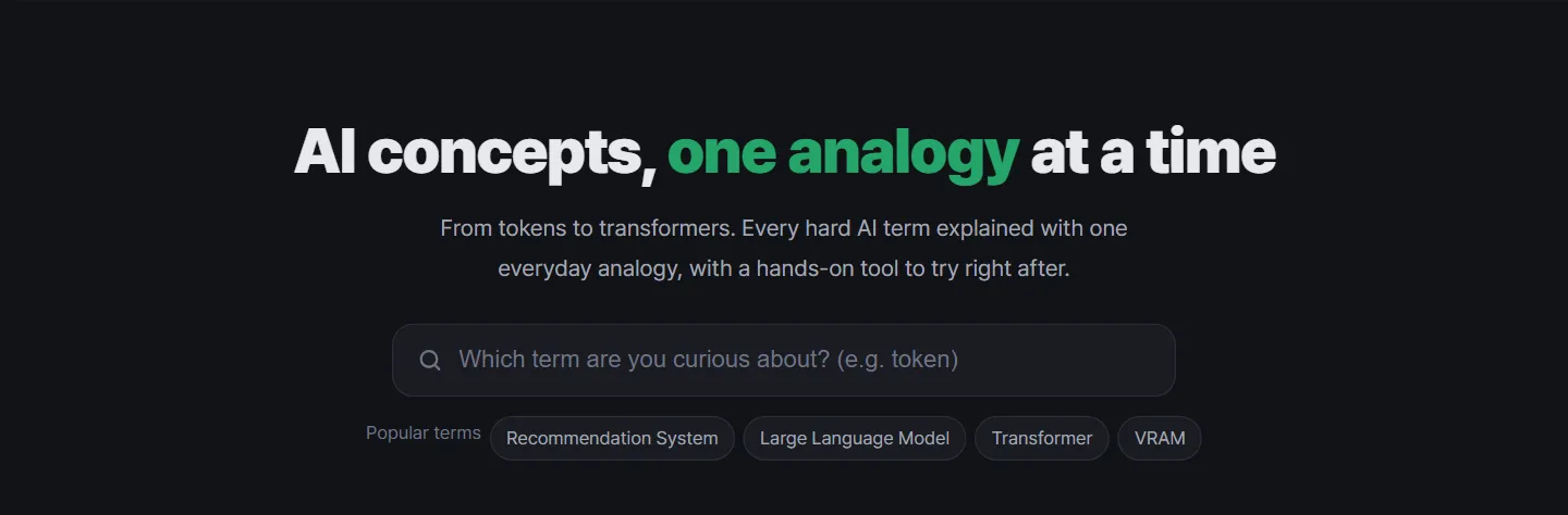 The Aha AI home page in English: "AI concepts, one analogy at a time" with a search box