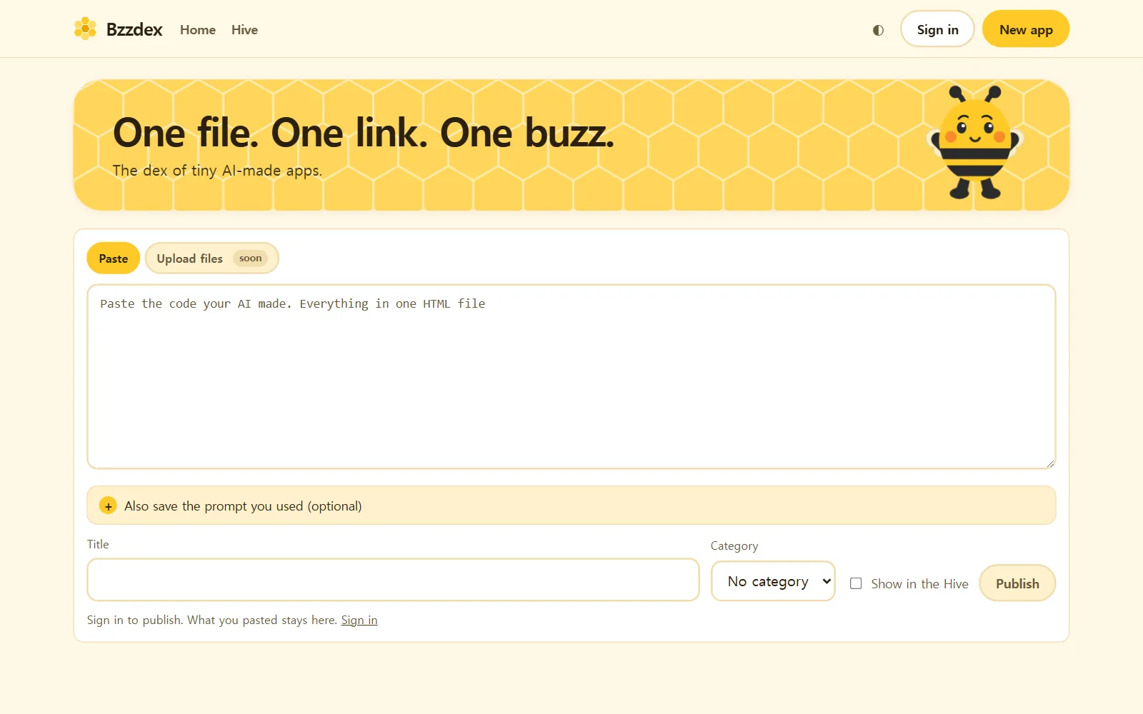 The Bzzdex home page in English: "One file. One link. One buzz." above a large box for pasting code