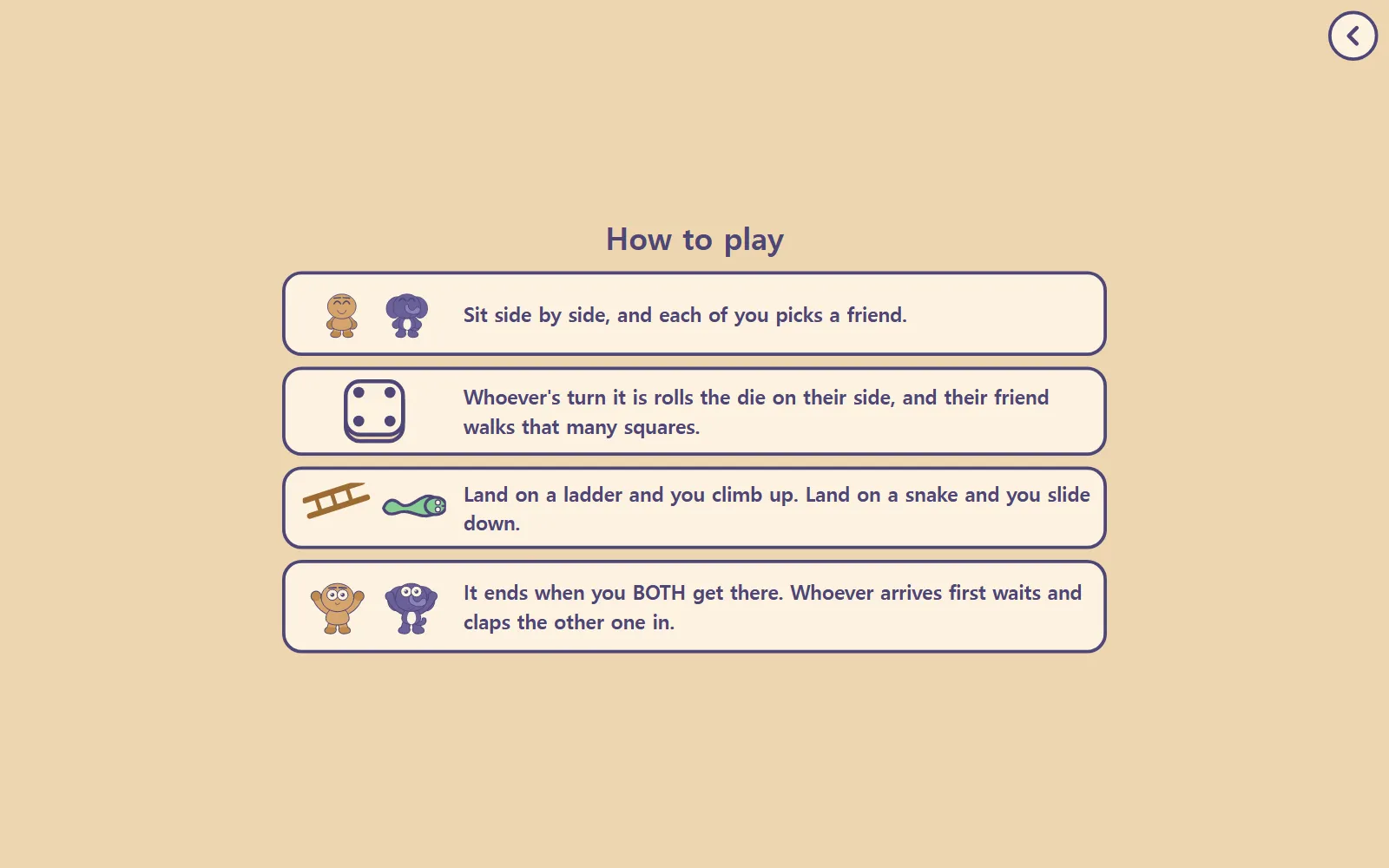 How do we play? The steps: sit side by side, roll on your side, climb ladders and slide down snakes, finish together