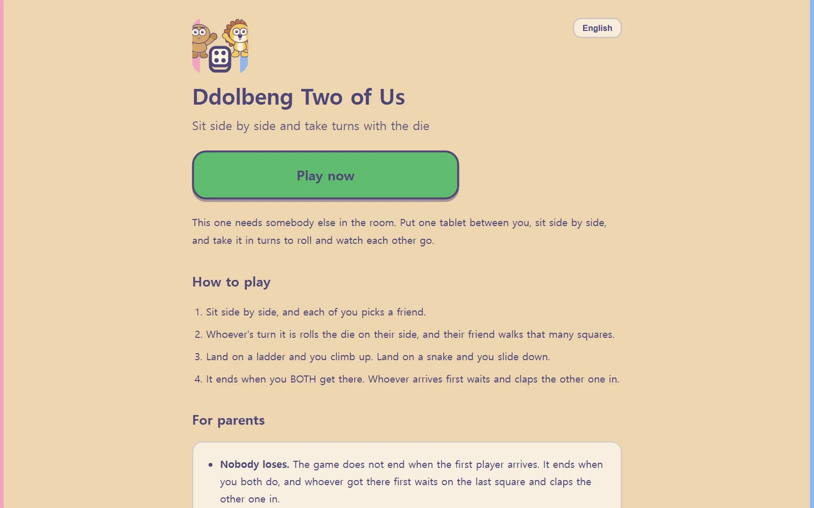The start of Ddolbeng Two of Us: the title, "Sit side by side and take turns with the die," and a Play now button