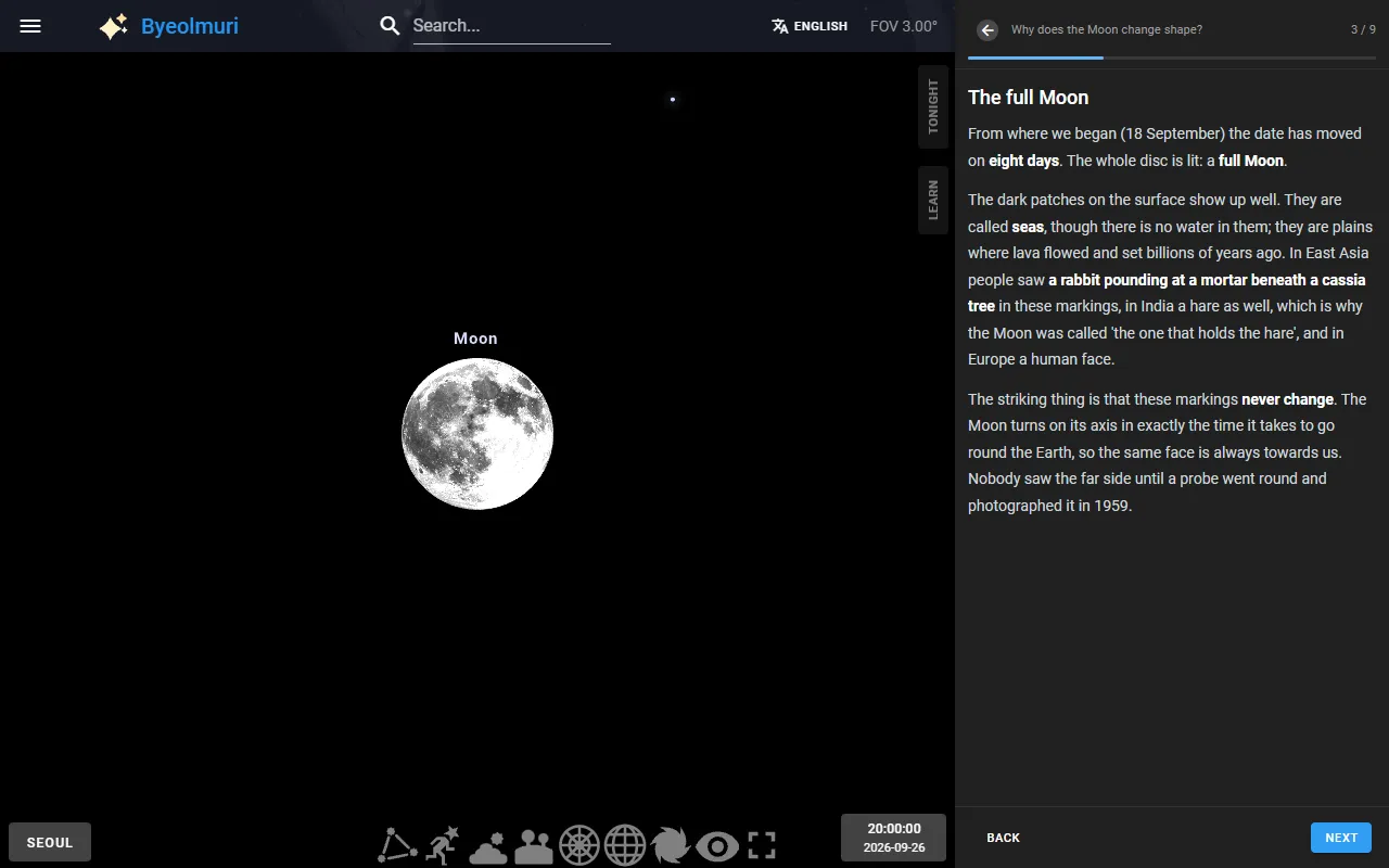 A later step: the date has moved on and the sky now shows a full Moon