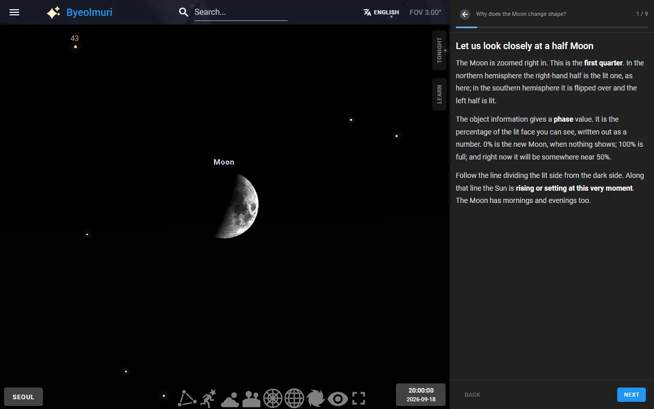 Step 1 of the Moon lesson: the sky zoomed in on a half Moon, with the explanation beside it