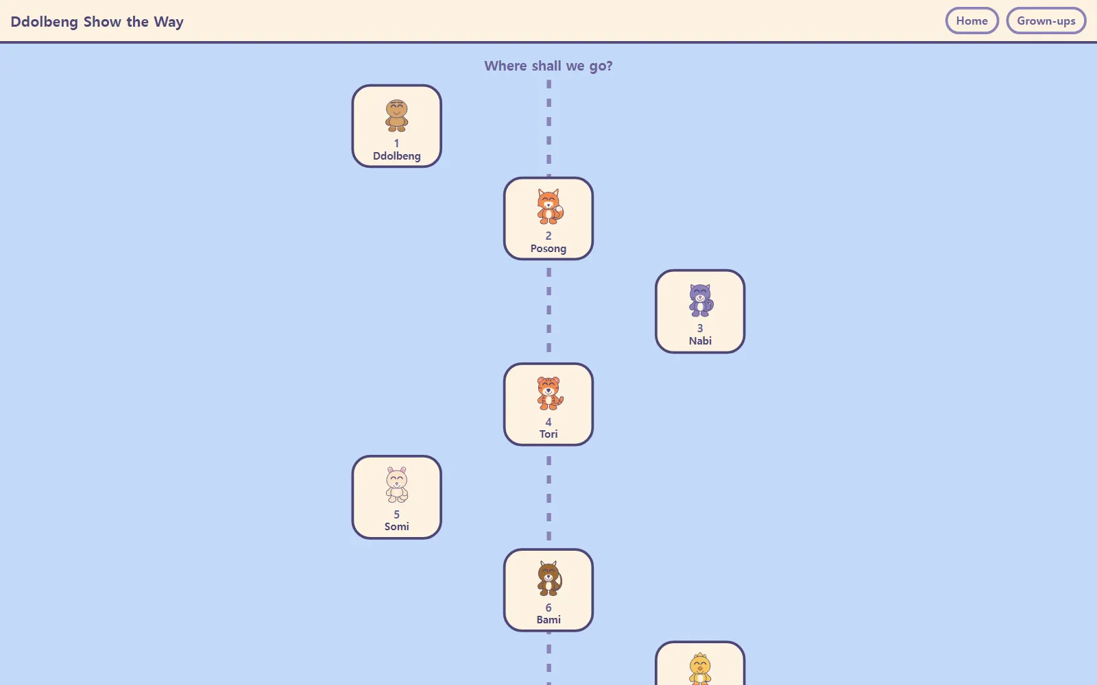 The map in English: "Where shall we go?" above a trail of stones, each with a friend's face and name