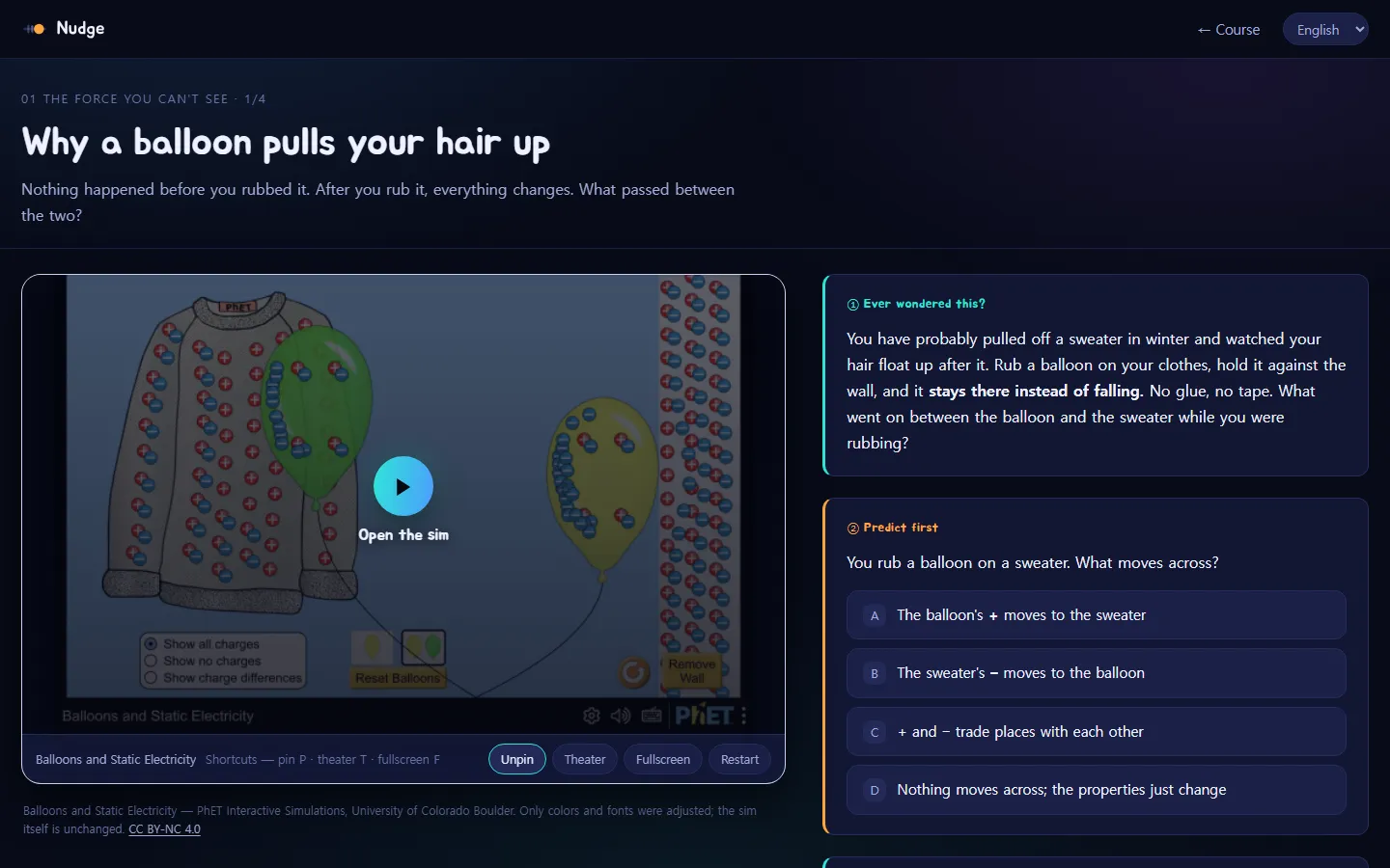 Nudge in English: the lesson "Why a balloon pulls your hair up," with a simulation and a "Predict first" question