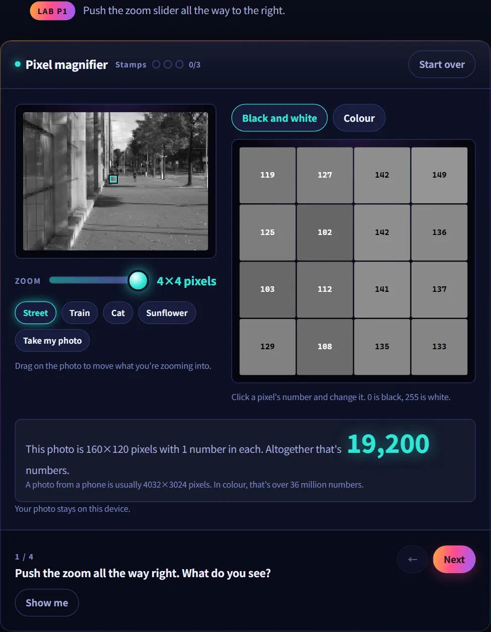 The Pixel magnifier lab with the zoom slider pushed all the way right, showing a street photo and a grid of squares with brightness numbers