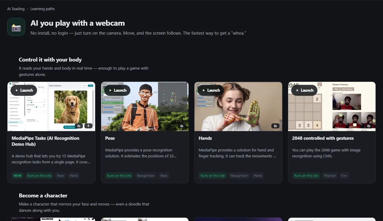 The path "AI you play with a webcam," split into numbered steps, each with a short note and cards