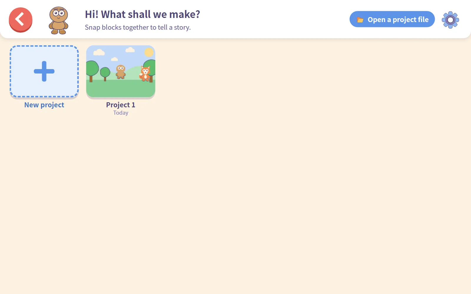 The projects screen saying "Hi! What shall we make?" with the new project saved next to the New project tile