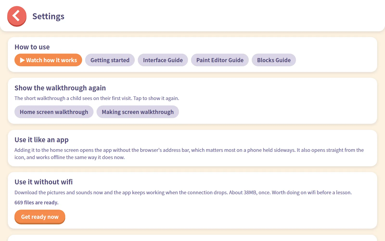 Settings in English: How to use, Show the walkthrough again, Use it like an app, and Use it without wifi