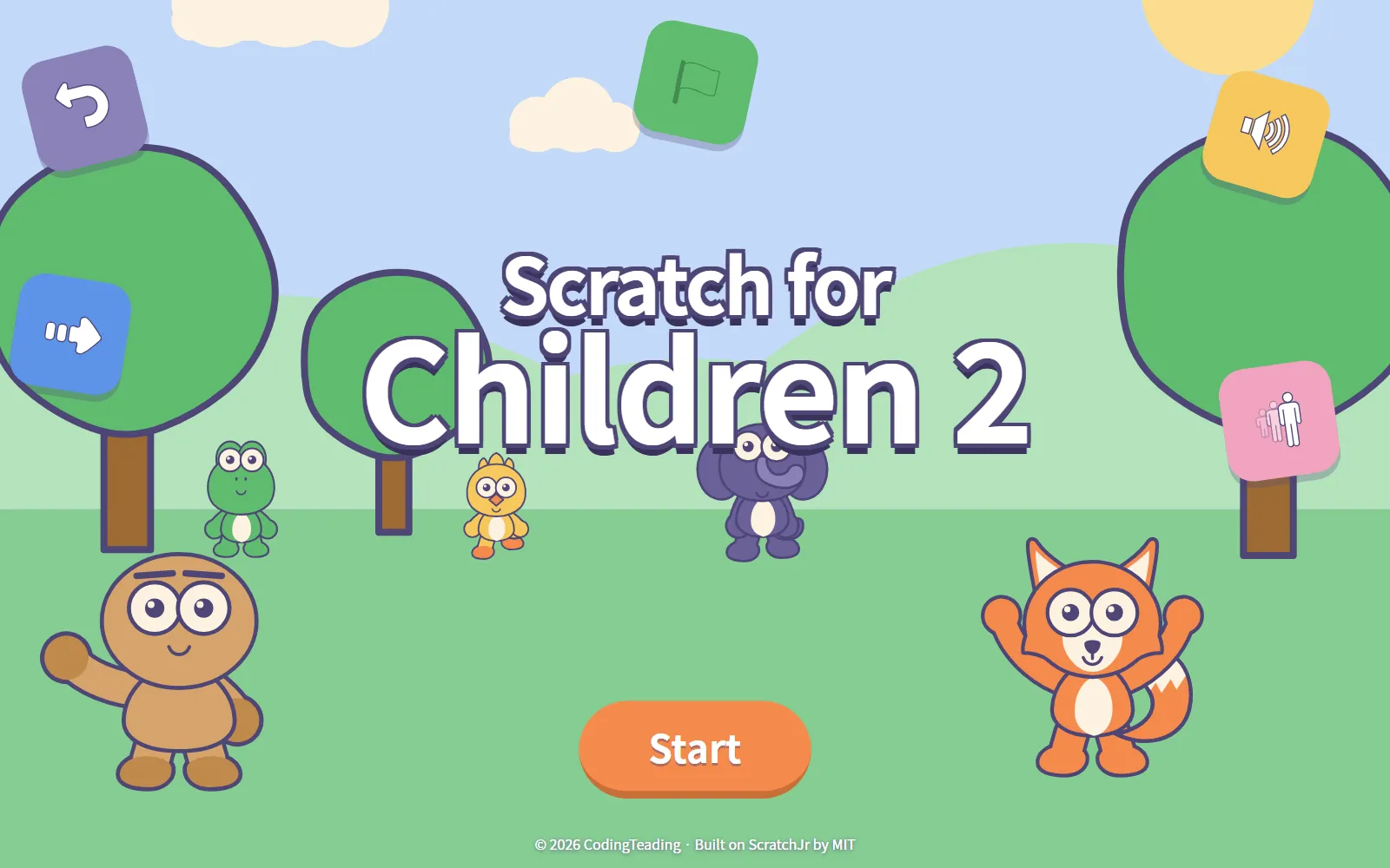 The Scratch for Children 2 start screen in English, with the characters on a meadow and a Start button