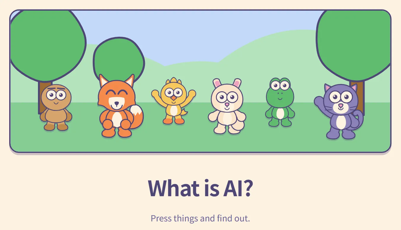The AI Teading Kids home page: "What is AI? Press things and find out."