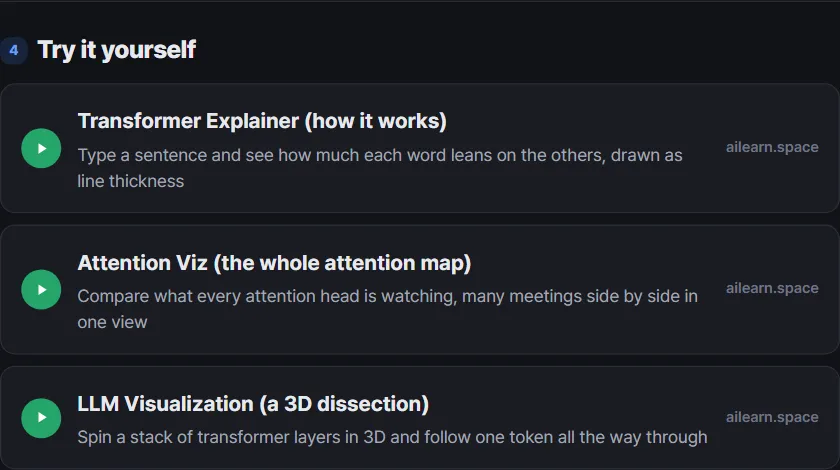 The Try it yourself section of the Transformer page, linking to hands-on tools on AI Teading