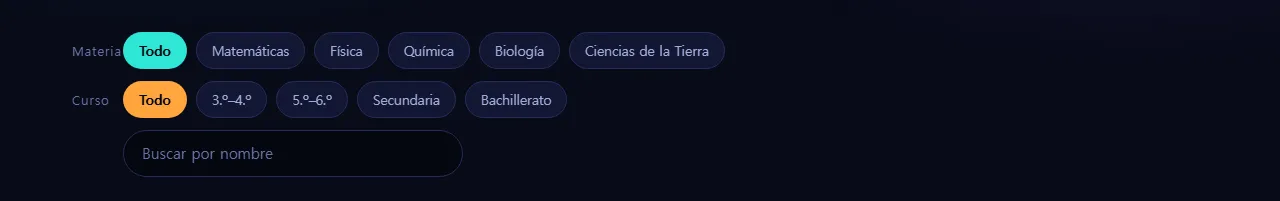 Todos los experimentos, con los botones Materia y Curso para acotar la lista