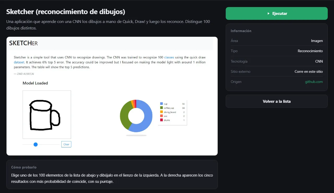 La página de Sketcher: una descripción, una vista previa, Cómo probarlo, una casilla de Información y un botón Ejecutar