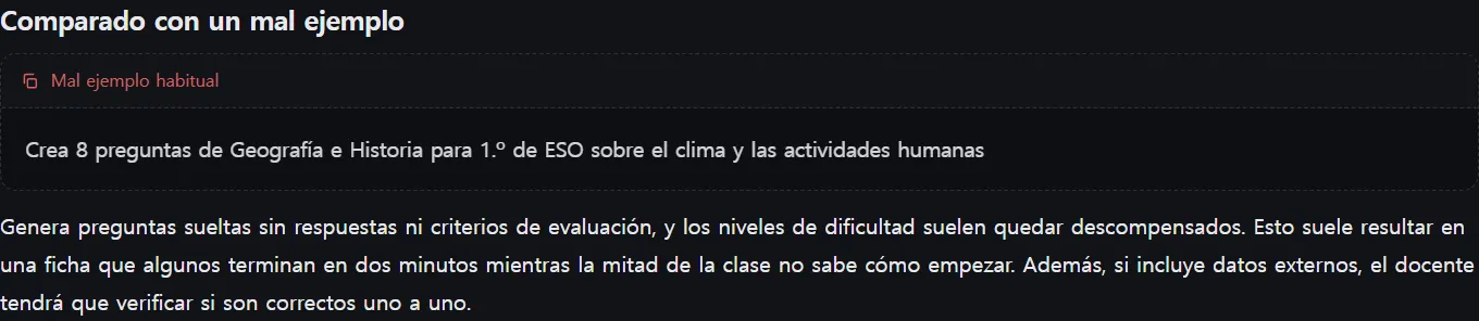 Sección Comparado con un mal ejemplo, donde se muestra un prompt de una sola línea y qué sale mal
