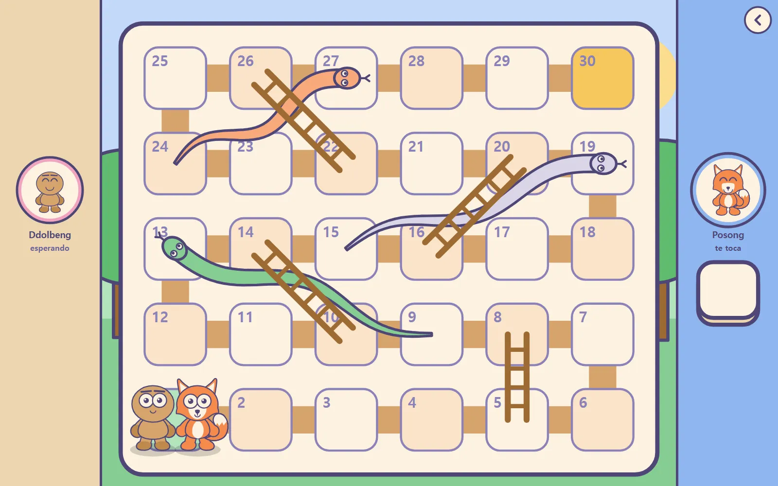 El tablero en juego: dos amigos en el recorrido, con un dado en el lado de cada jugador