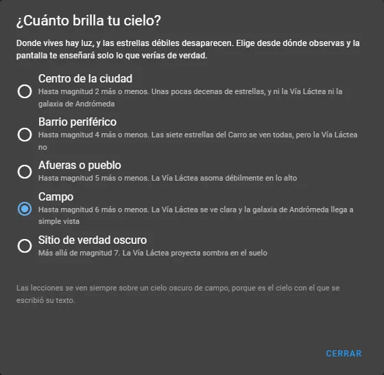El panel Brillo del cielo: cinco tipos de lugares, desde el centro de la ciudad hasta un sitio de verdad oscuro