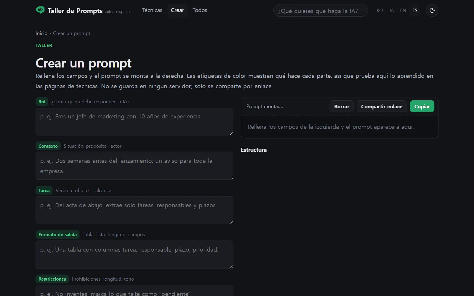 Página Crear un prompt: campos para rol, contexto, tarea, formato y restricciones con los selectores de técnicas