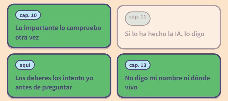 Práctica del capítulo 14: se eligen tres reglas, como "Lo importante lo compruebo otra vez"