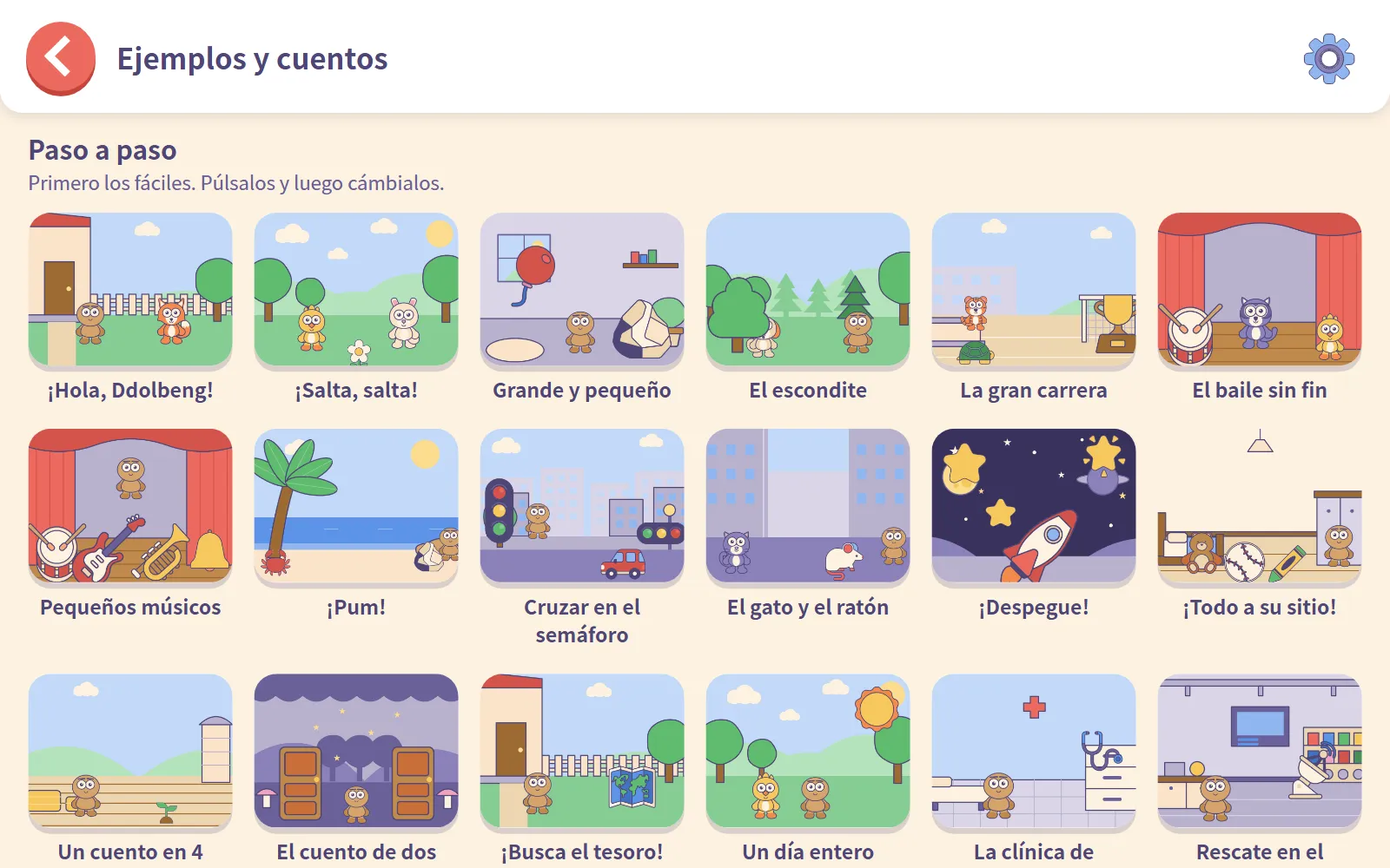 Lista de Ejemplos y cuentos con tarjetas como una escena de saludo, una carrera y un baile