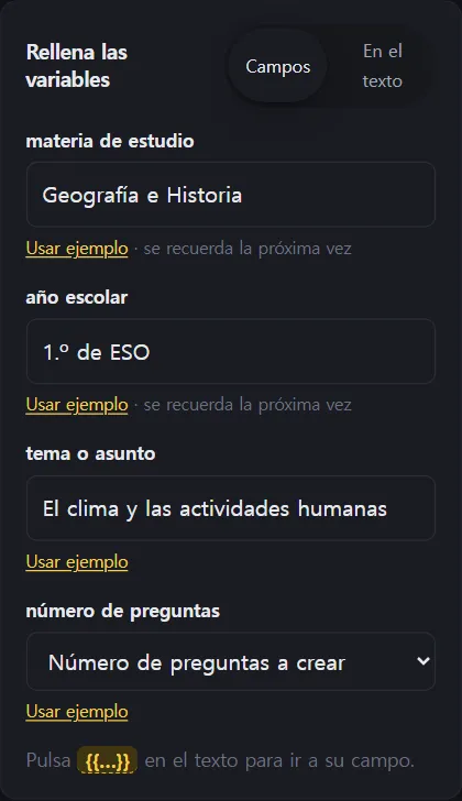 Panel Rellena las variables a la derecha, con campos para materia de estudio, año escolar, tema y número de preguntas