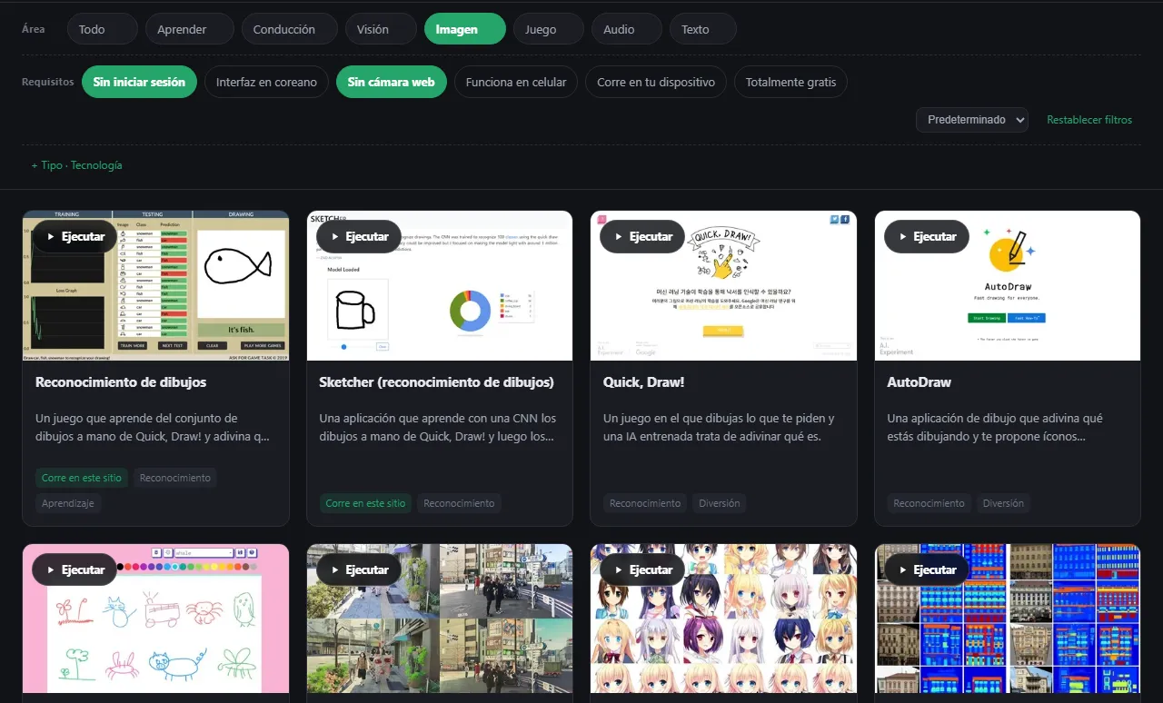 Los resultados tras elegir Sin iniciar sesión, Sin cámara web e Imagen: tarjetas con un botón Ejecutar cada una