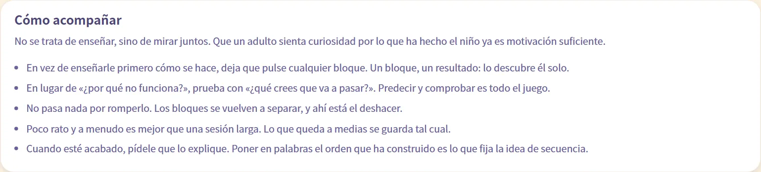 La sección de la guía para personas adultas "Cómo acompañar", con cinco consejos breves