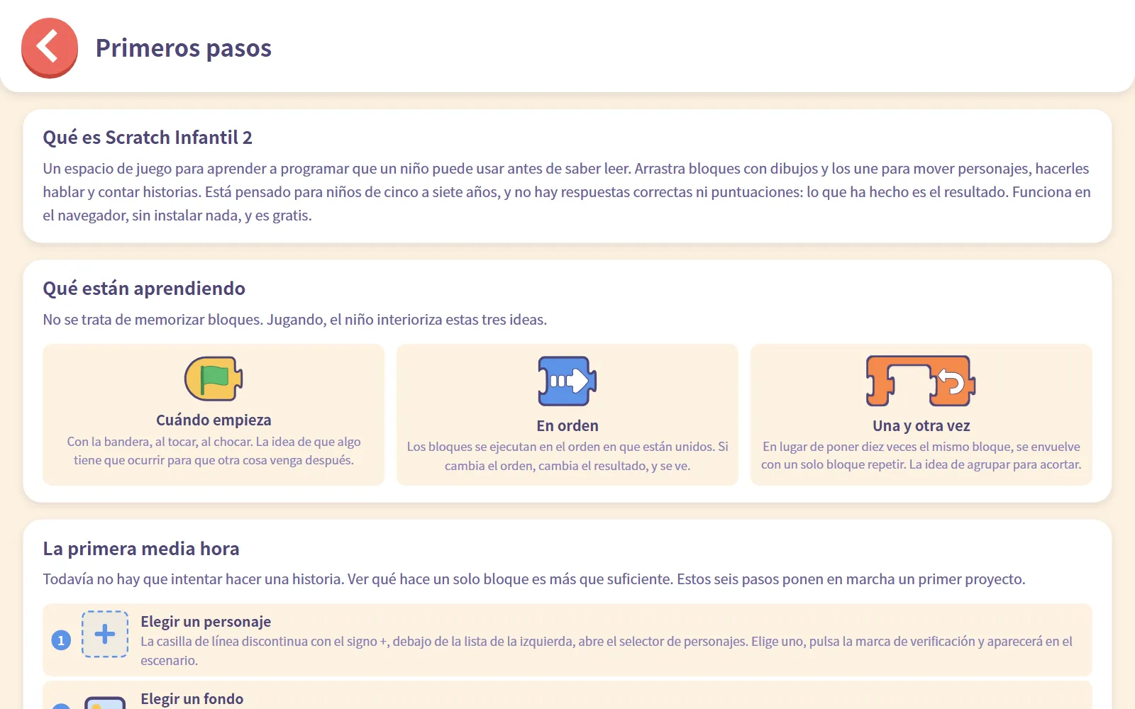 Página de Primeros pasos para personas adultas: qué es Scratch Infantil 2, qué aprenden los niños y la primera media hora