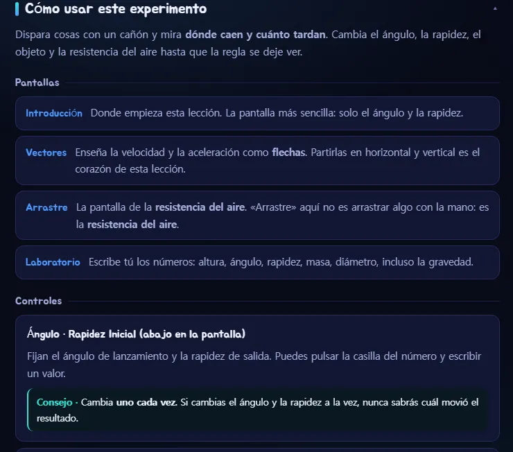 Cómo usar este experimento: la sección Pantallas con una breve explicación de cada pantalla, y la primera tarjeta de Controles con su línea de Consejo