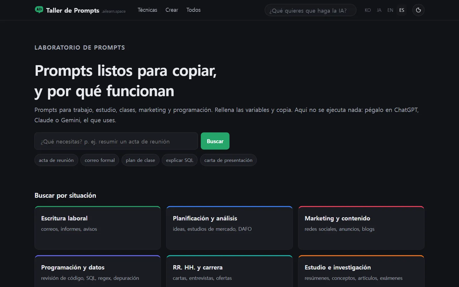 Página de inicio de Taller de Prompts: el encabezado Prompts listos para copiar, y por qué funcionan, junto a un cuadro de búsqueda