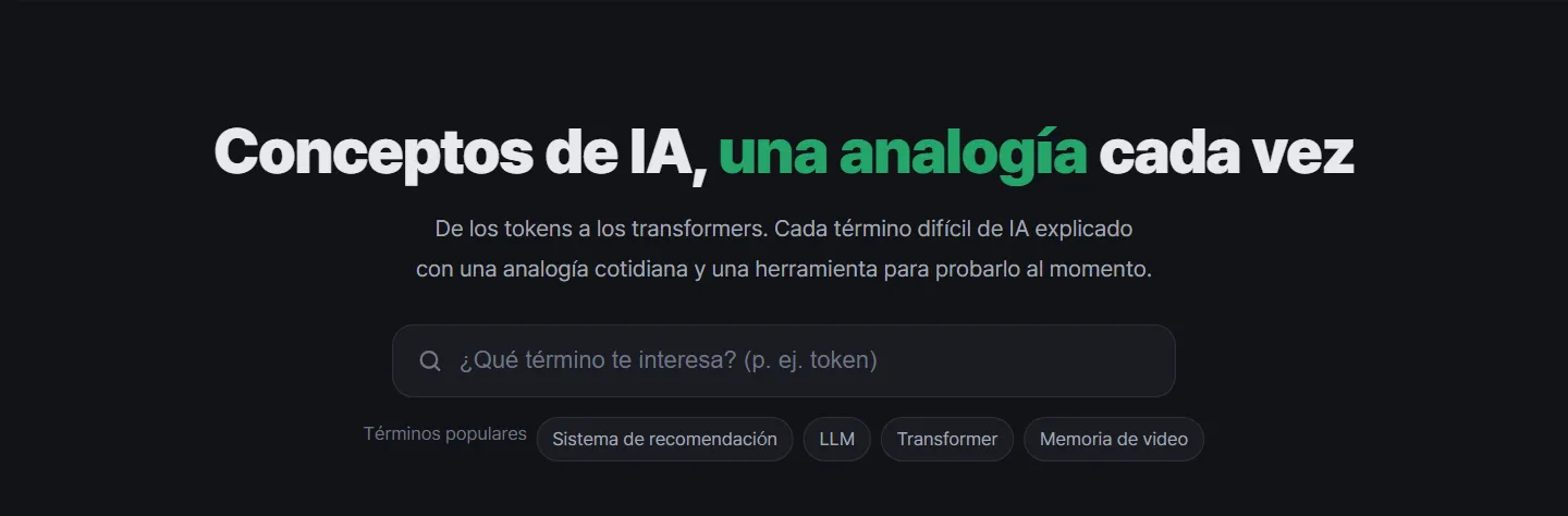La página de inicio de Aha AI: "Conceptos de IA, una analogía cada vez" con un cuadro de búsqueda