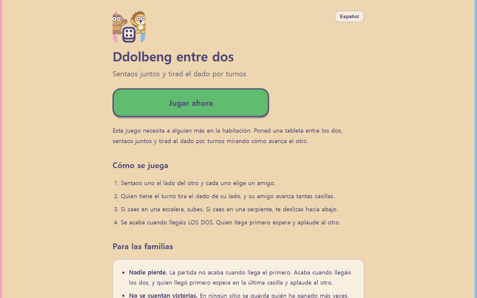 El inicio de Ddolbeng entre dos: el título, el lema del juego y el botón Jugar ahora