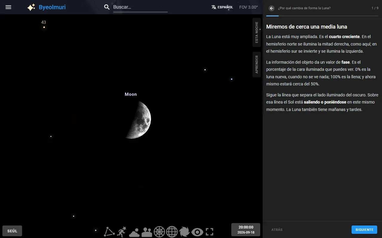 Paso 1 de la lección de la Luna: el cielo con zoom sobre una media luna, con la explicación al lado