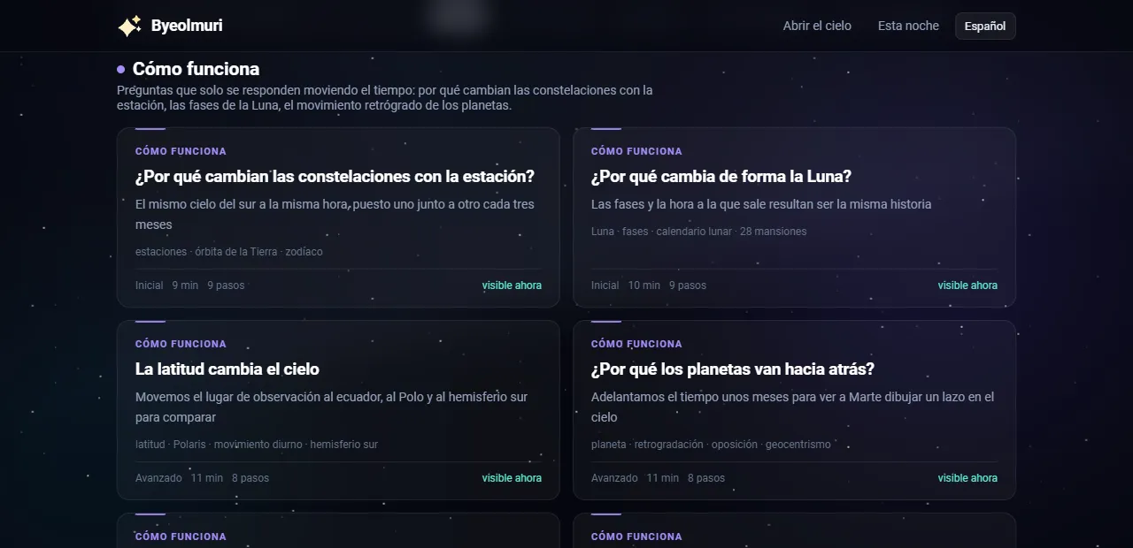 Tarjetas de lecciones dentro de Cómo funciona, cada una con su nivel, su duración y si está visible ahora