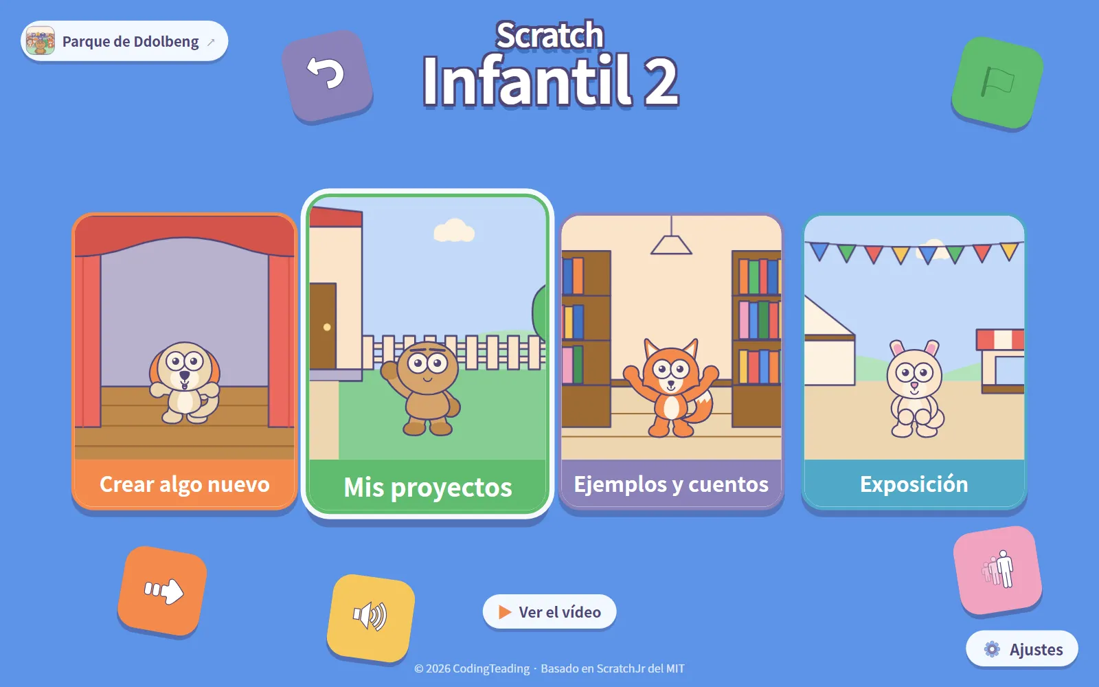 Menú de tarjetas con cuatro puertas: Crear algo nuevo, Mis proyectos, Ejemplos y cuentos y Exposición