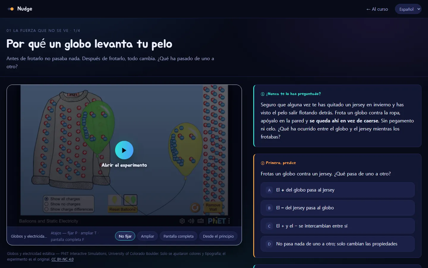 Nudge: la lección "Por qué un globo te levanta el pelo", con una simulación y la pregunta "Predice primero"