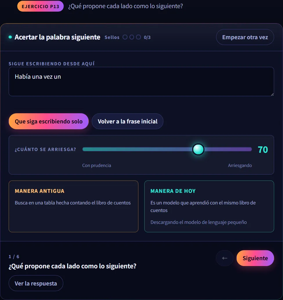 El taller Acertar la palabra siguiente: "Había una vez" con el recuento de palabras tradicional de un cuento a un lado y los porcentajes del modelo actual al otro, junto con el control "¿Cuánta audacia?"