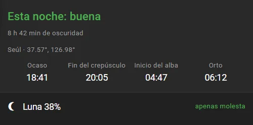 El panel Esta noche junto al cielo: un balance de una línea para esta noche, cuánto dura la oscuridad, tu ubicación y cuatro horas