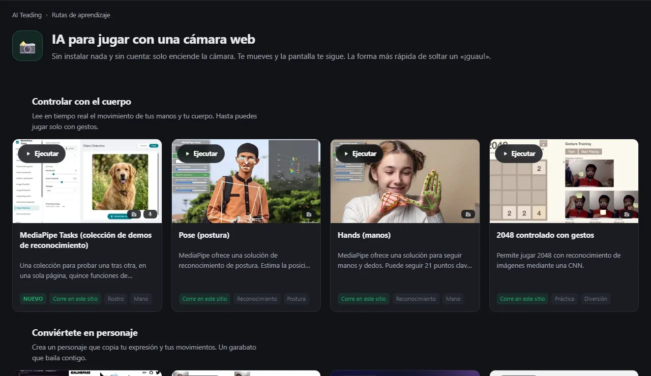 La ruta "IA para jugar con una cámara web", dividida en pasos numerados, cada uno con una breve nota y tarjetas