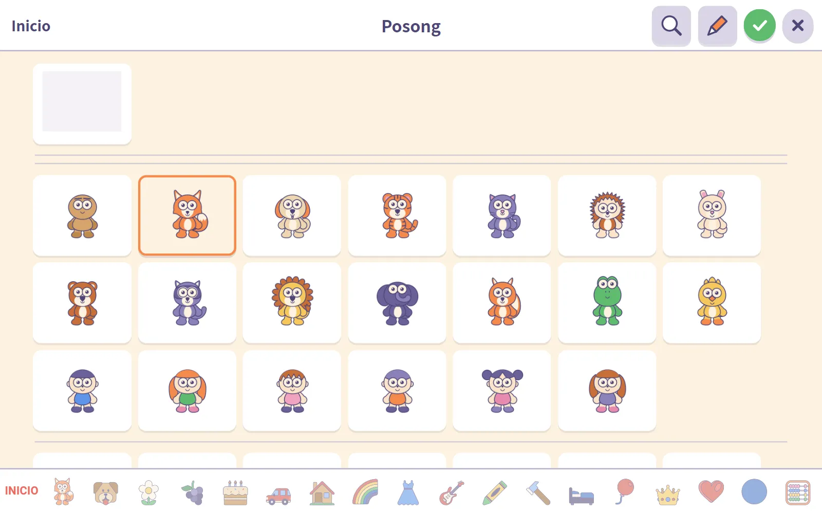 El selector de personajes con el zorro Posong seleccionado y el nombre de Posong en la parte superior